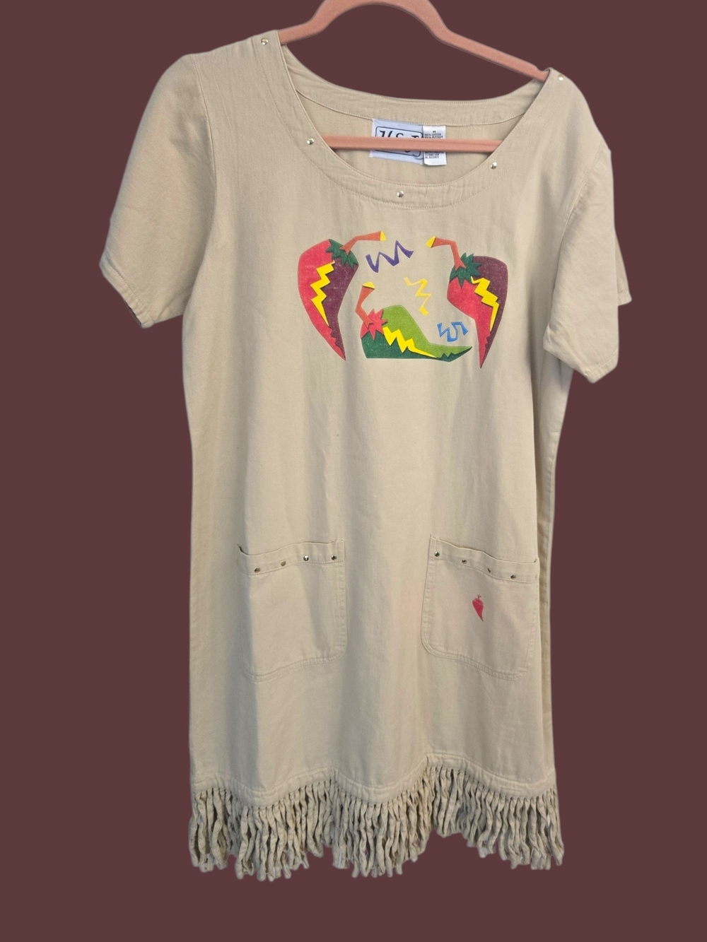 Beige Graphic Fringe Tee Dress with Pockets